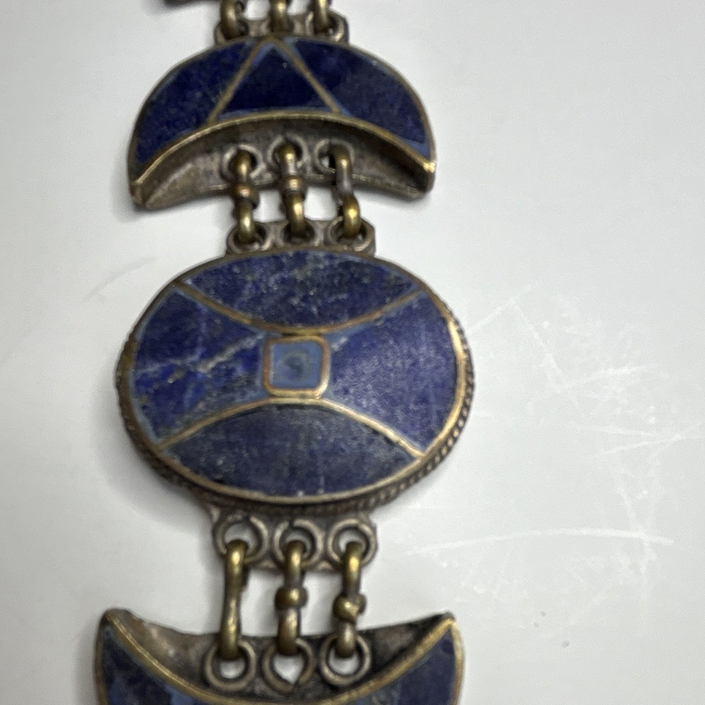 Vintage Blue Lapis Lazuli Moon Phase Panel Link Chain Bracelet, 7 in